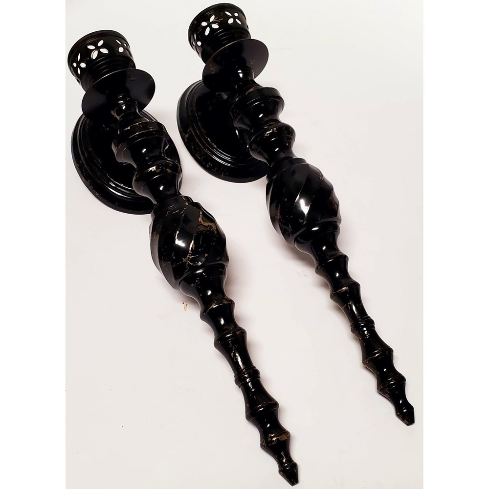 VTG Sconces Gothic Wall Pair Black & Gold India Pierced Votives Oval Back Plates - Picture 3 of 7